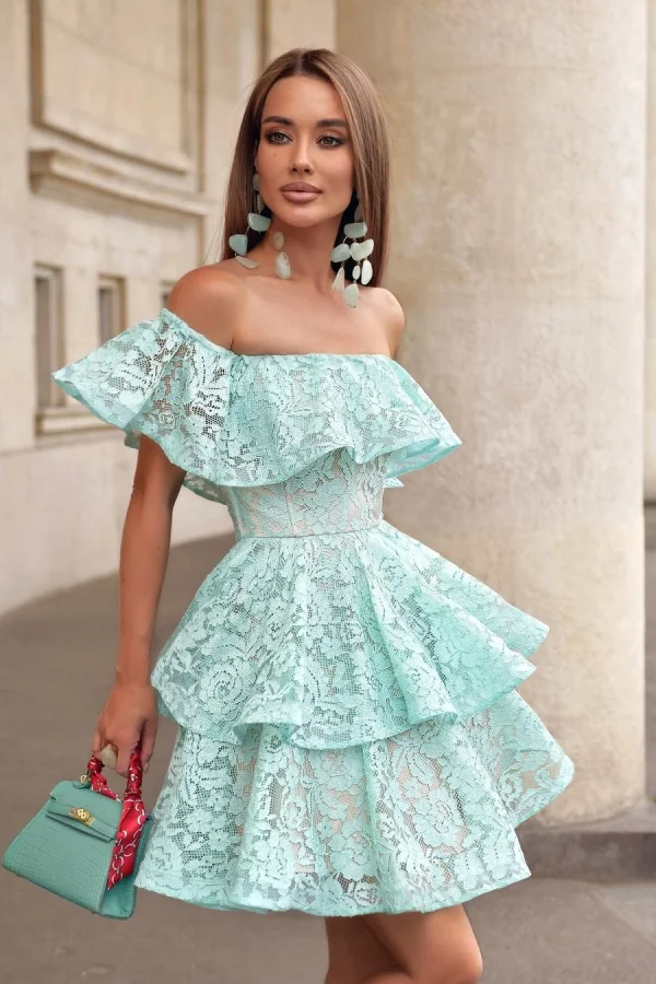 Miabel Stunning Mint Green Lace Sleeveless One Shoulder Short Dress with Ruffles   
