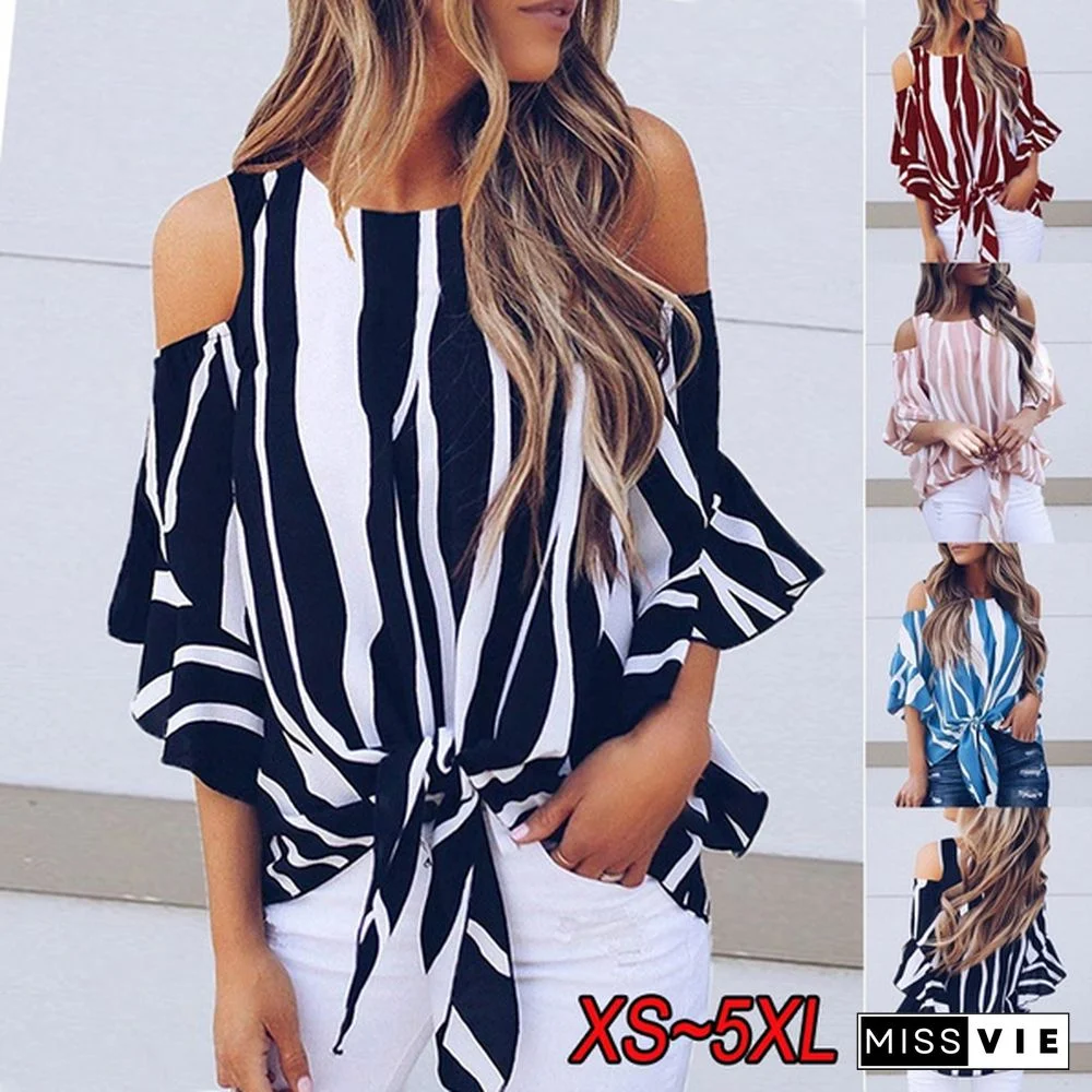 New Summer Women's Fashion Casual Shoulder Stripe Printed Chiffon Trumpet Sleeve Loose T-shirt Shirt Tops Plus size XS-5XL