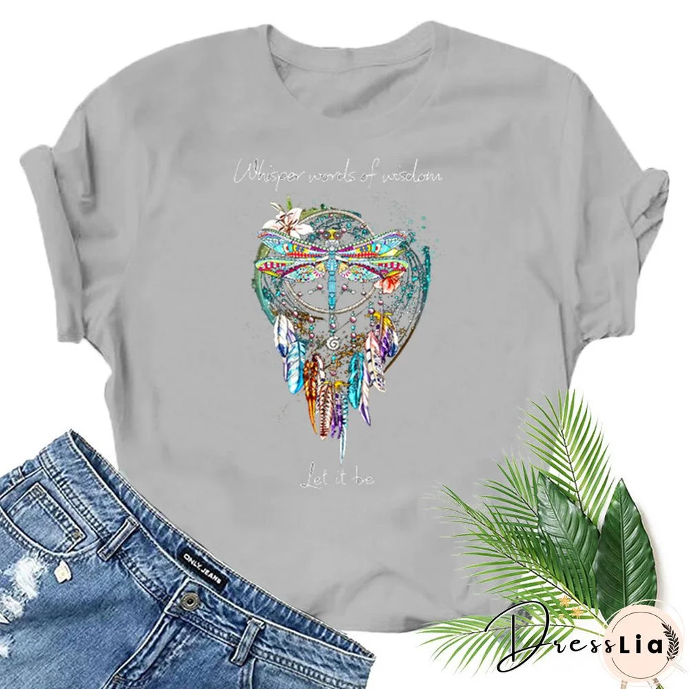 Dragonfly Windchimes Print Women T Shirt Short Sleeve O Neck Loose Women Tshirt Ladies Fashion Tee Shirt Tops Clothes Mujer
