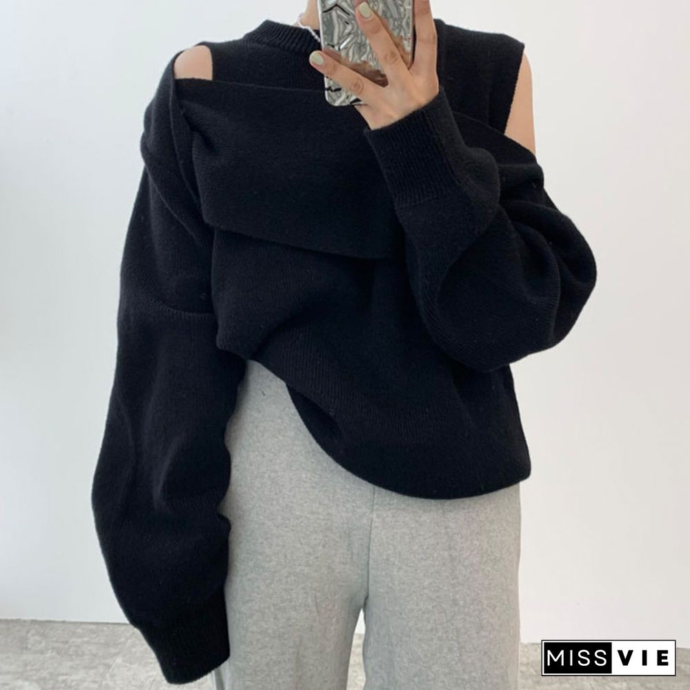 Chic Design Cold Shoulder Pure Color Sweater