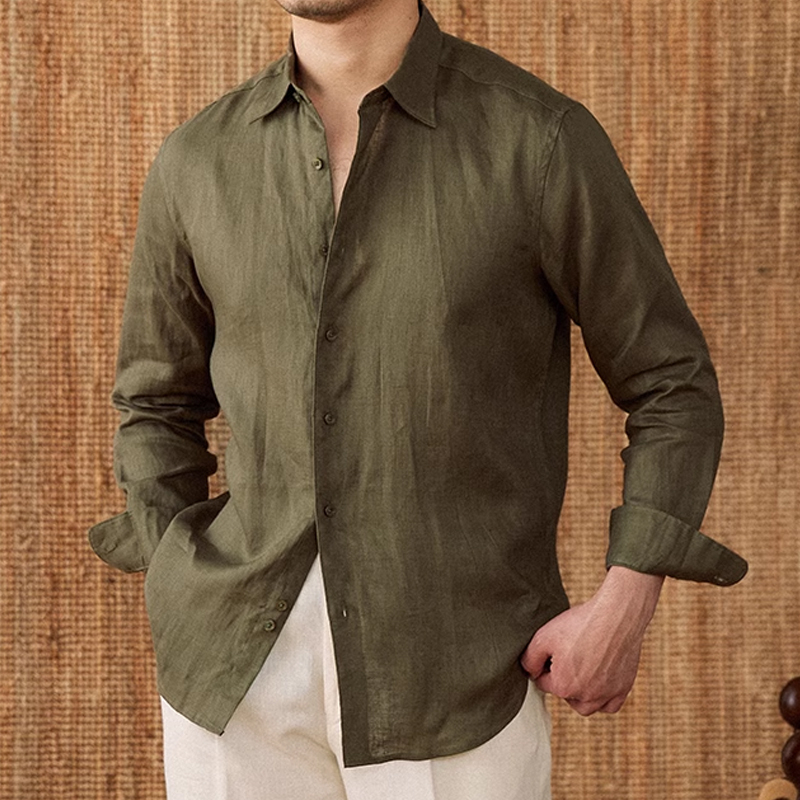 Men's Olive Green Linen Long Sleeve Shirt