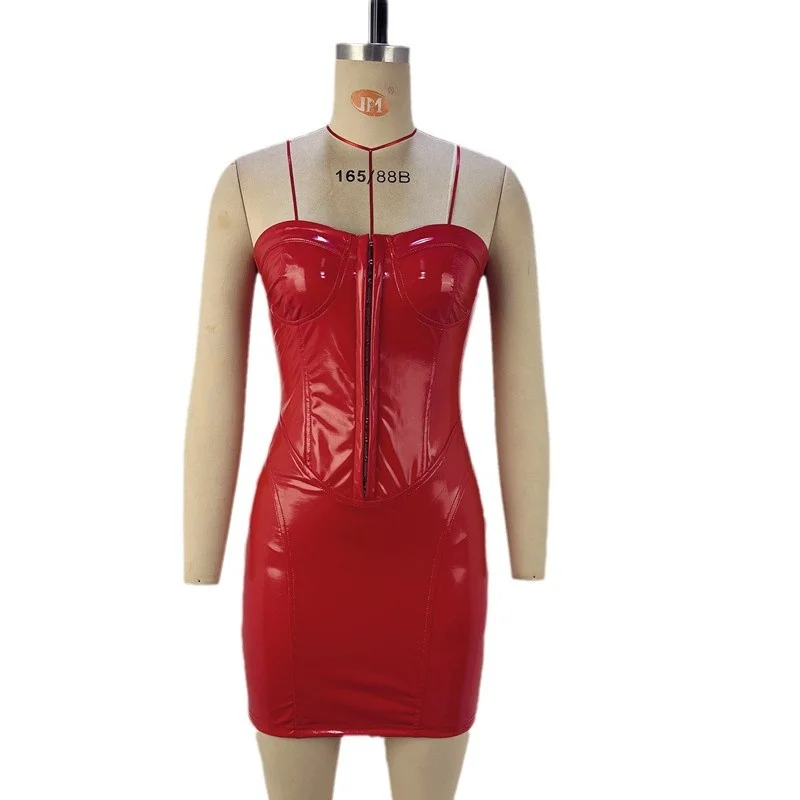 Toloer Toloer Leather Strapless Hip Dress Autumn 2024 Sexy Back Waist Collar Women's Dress-Outfit Ideas