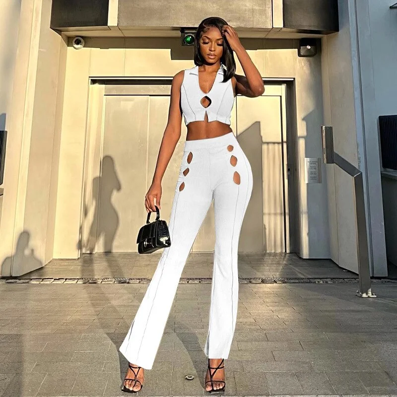 Qjong Two Piece Sets Women Outfits 2022 Sleeveless Hollow Out Crop Tops Skinny Flare Pants Sets White Matching Sets Streetwear
