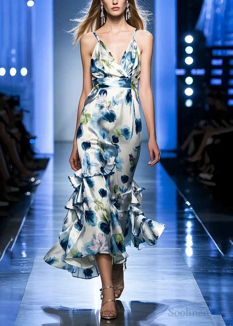 Blue Print Silk Mini Dresses Asymmetrical Summer