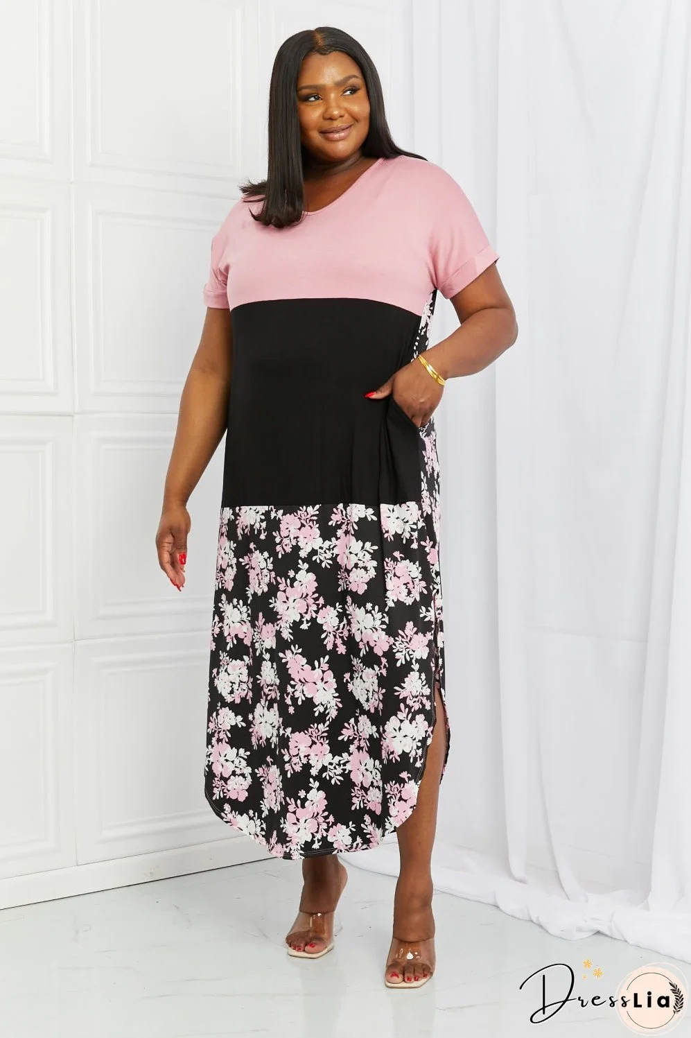 Celeste Spring Forward Full Size Color Block Midi Dress in Mauve/Black