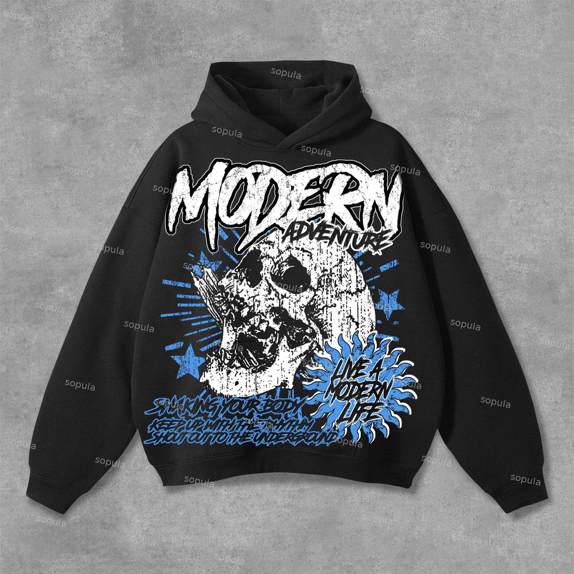 Sopula Vintage Skull Graphic Print Cotton Solid Pocket Hoodie - SOPULA