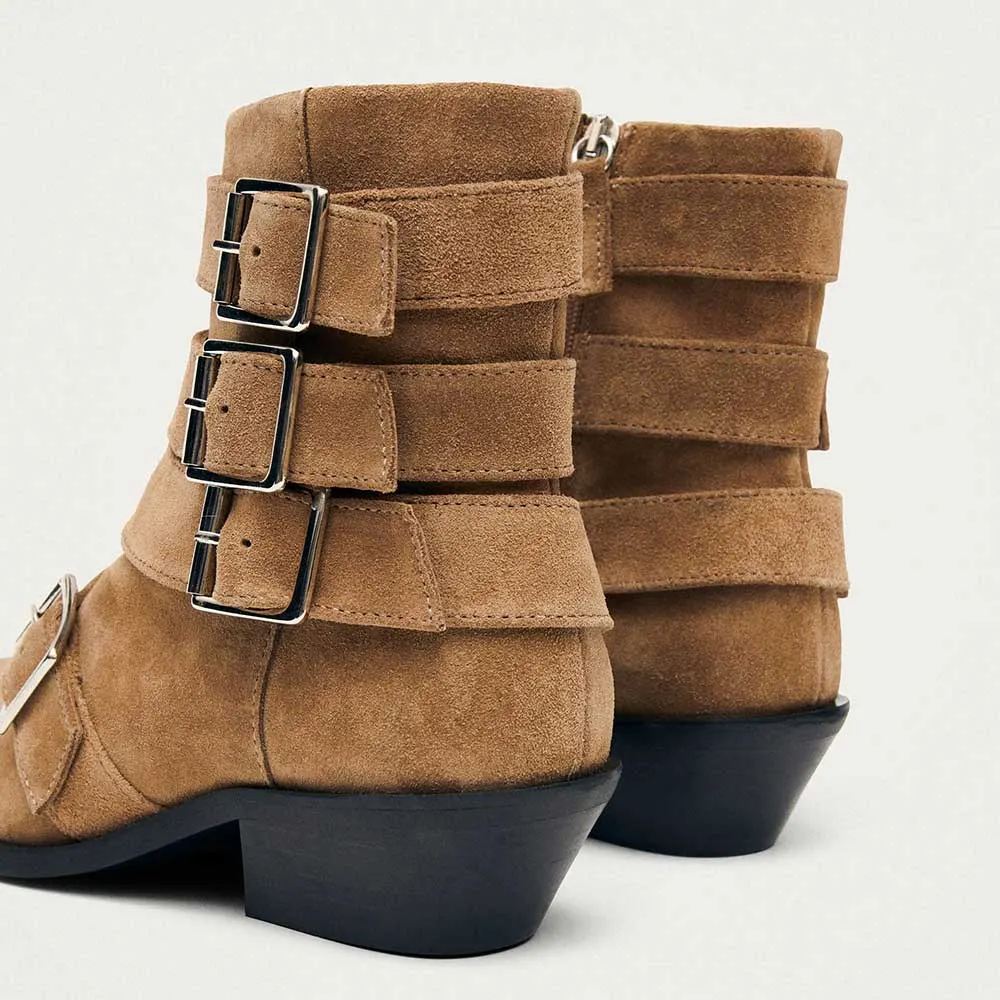 Tan Vegan Suede Slip On Low Block Heel Short Pointed Toe Boots