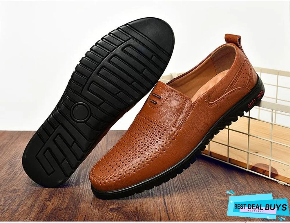 New Openwork Men Black Loafer Perforated Shoes Leather Flats Driving Shoes Business Men's Shoes