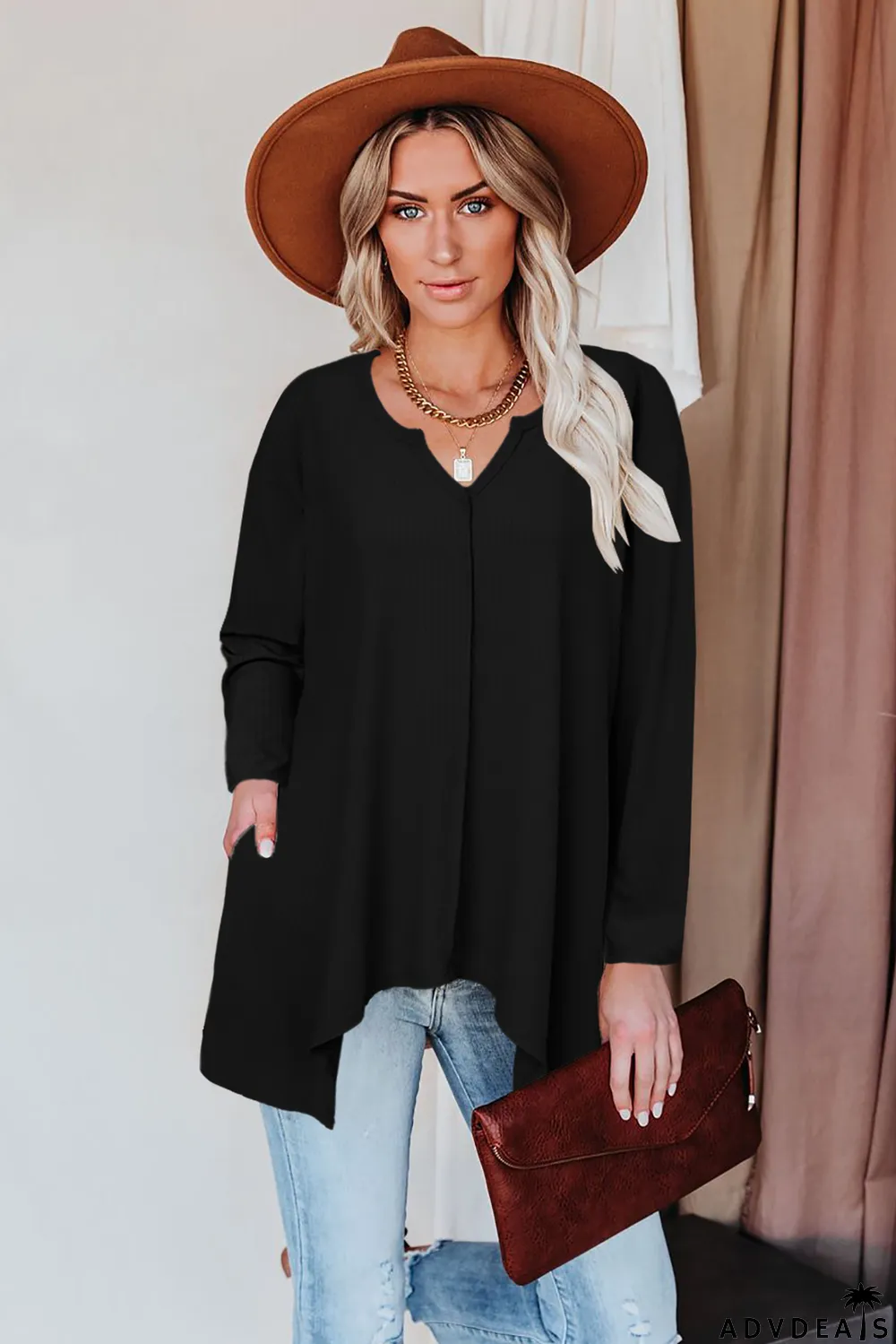 Black Asymmetric Hemline Long Sleeve Top