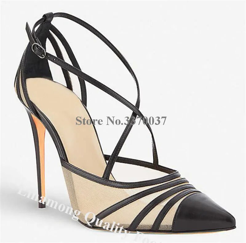 VCSHOES Ladies Mesh Patchwork Stiletto Heel Pumps Thin Straps Lace High Heels Formal Party Dress Shoes Big Size 46