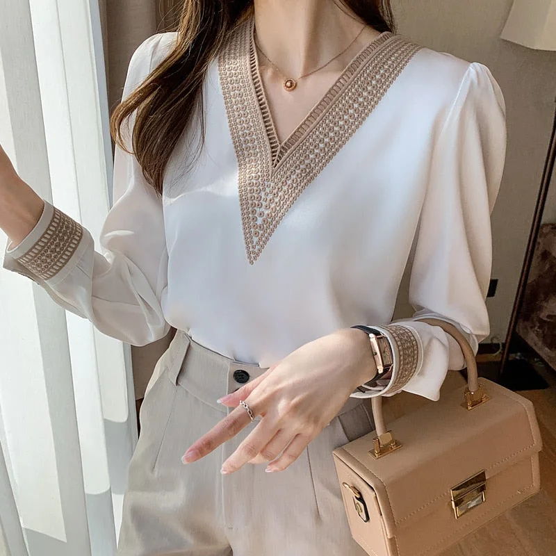 Embroidery Long Sleeve White lace Blouses Women Tops Summer V-Neck Loose Chiffon Blouse Shirt Blusas Mujer De Moda 2021 13366