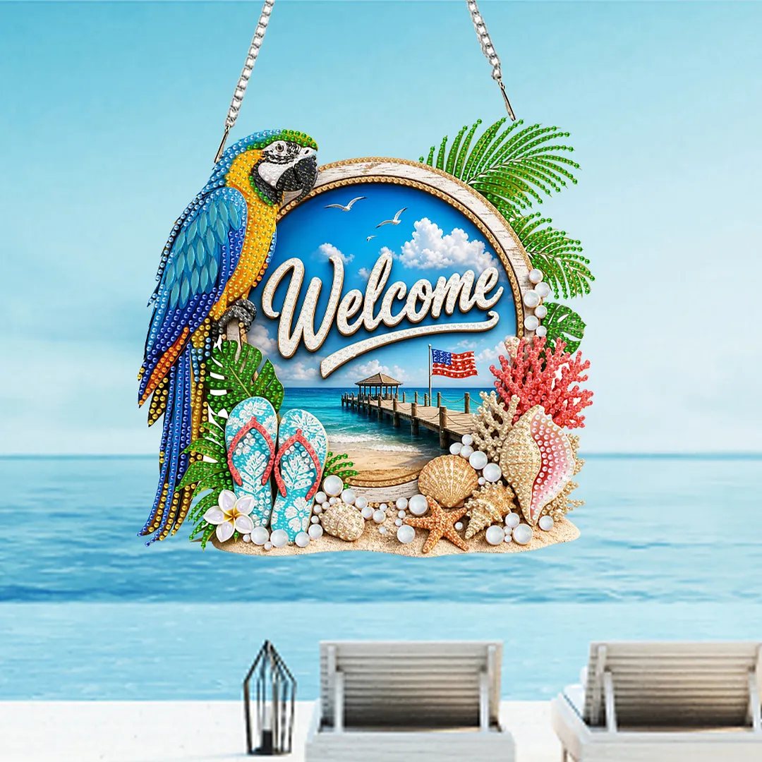 Parrot Beach Welcome Sign 2D Flat DIY PET Diamond Painting Pendant Special Shape Hanging Gem Art Paintings Charm Single Side Drill for Adults Home Wall Window Decor