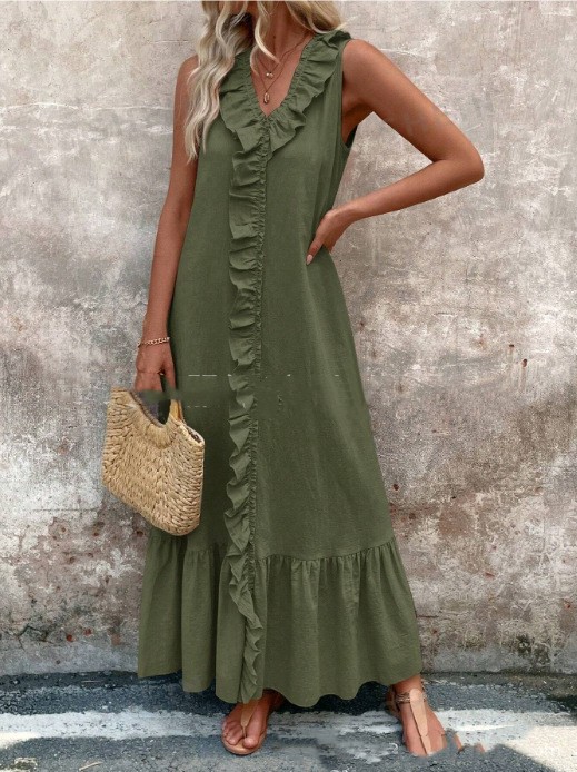 Mature Women Casual Summer Solid Color Sleeveless Cotton Linen V-neck Swing Dress