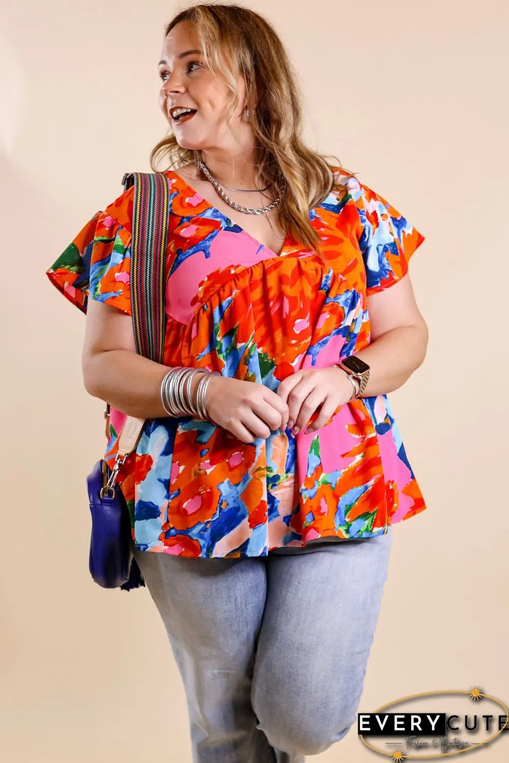 Red Abstract Floral Print V Neck Plus Blouse