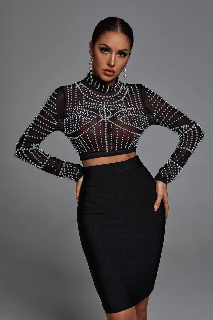 Kiana Pearl Long Sleeve Set - Black