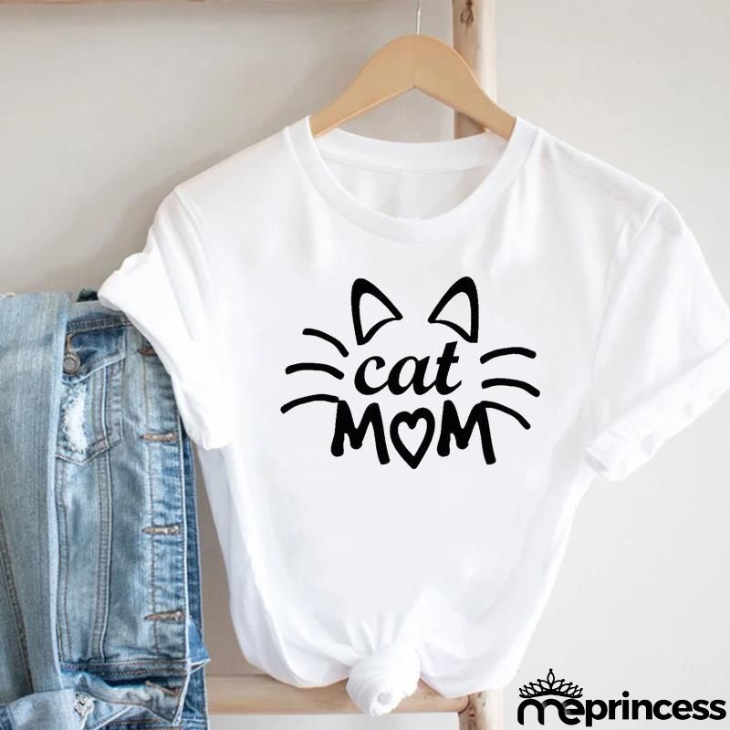 Women Loose Simple Cartoon Cat Footprint Print Round Neck Short Sleeve T-Shirt