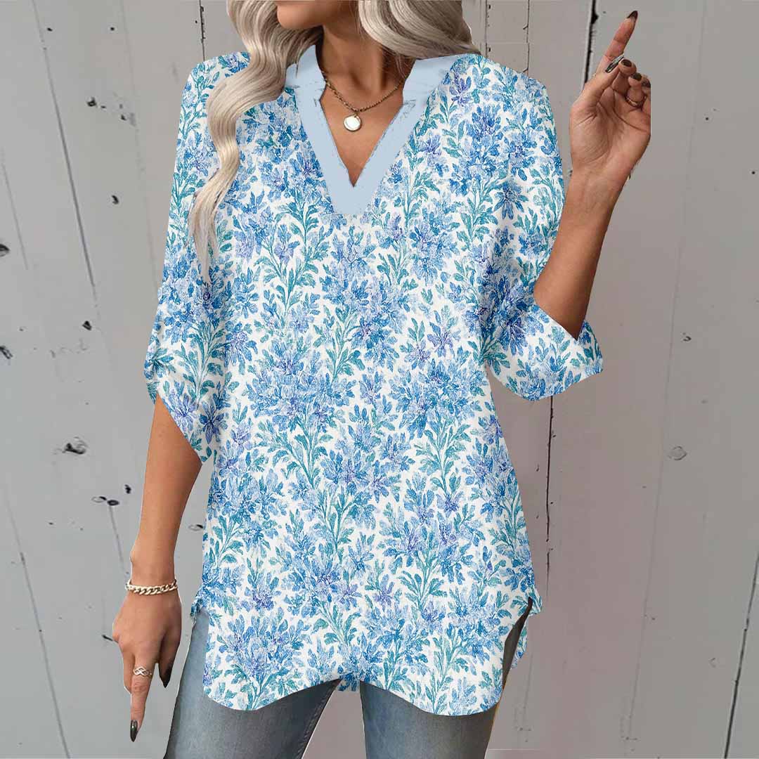 Women Floral, Blue, Green DZGA0183 3/4 Sleeve V-neck Printed Graphic Button Tops