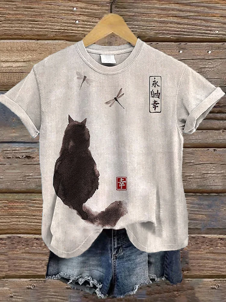 Ink Painting Black Cat Japanese Art Print T-Shirt