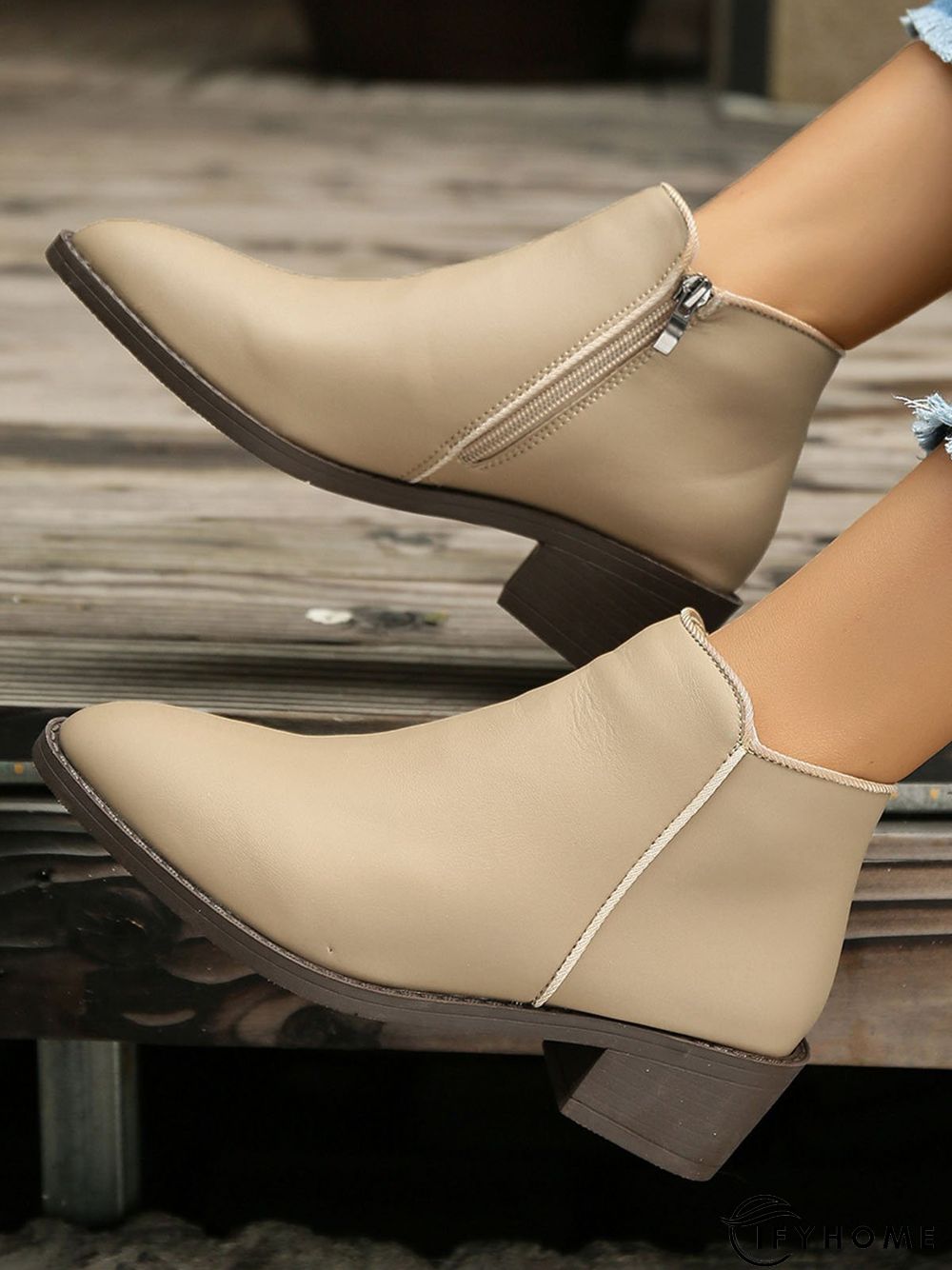 Simple Zipper Pointed Toe Chunky Heel Booties | IFYHOME