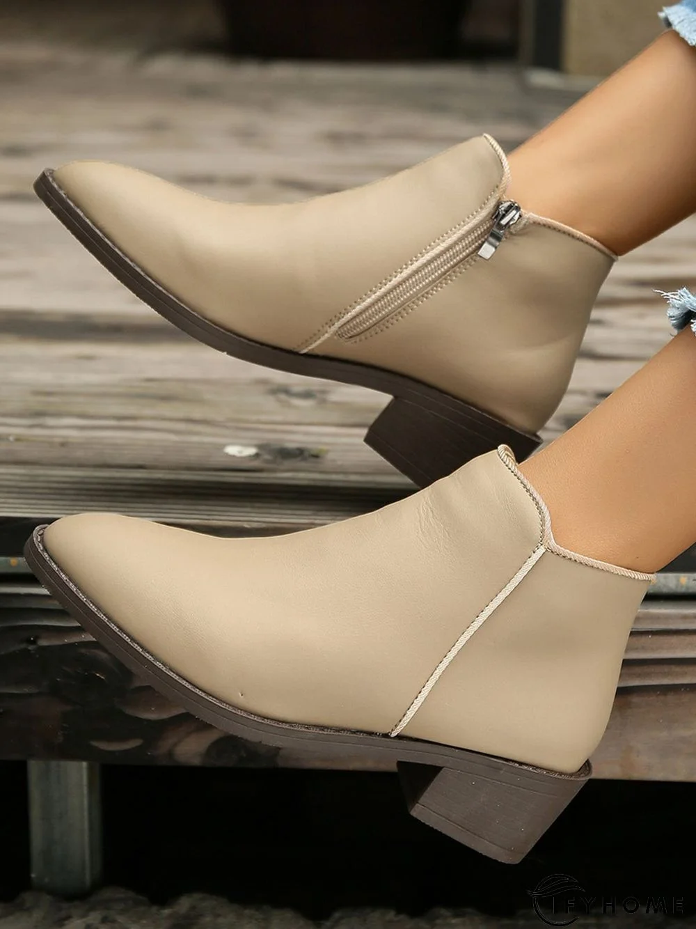 Simple Zipper Pointed Toe Chunky Heel Booties | IFYHOME
