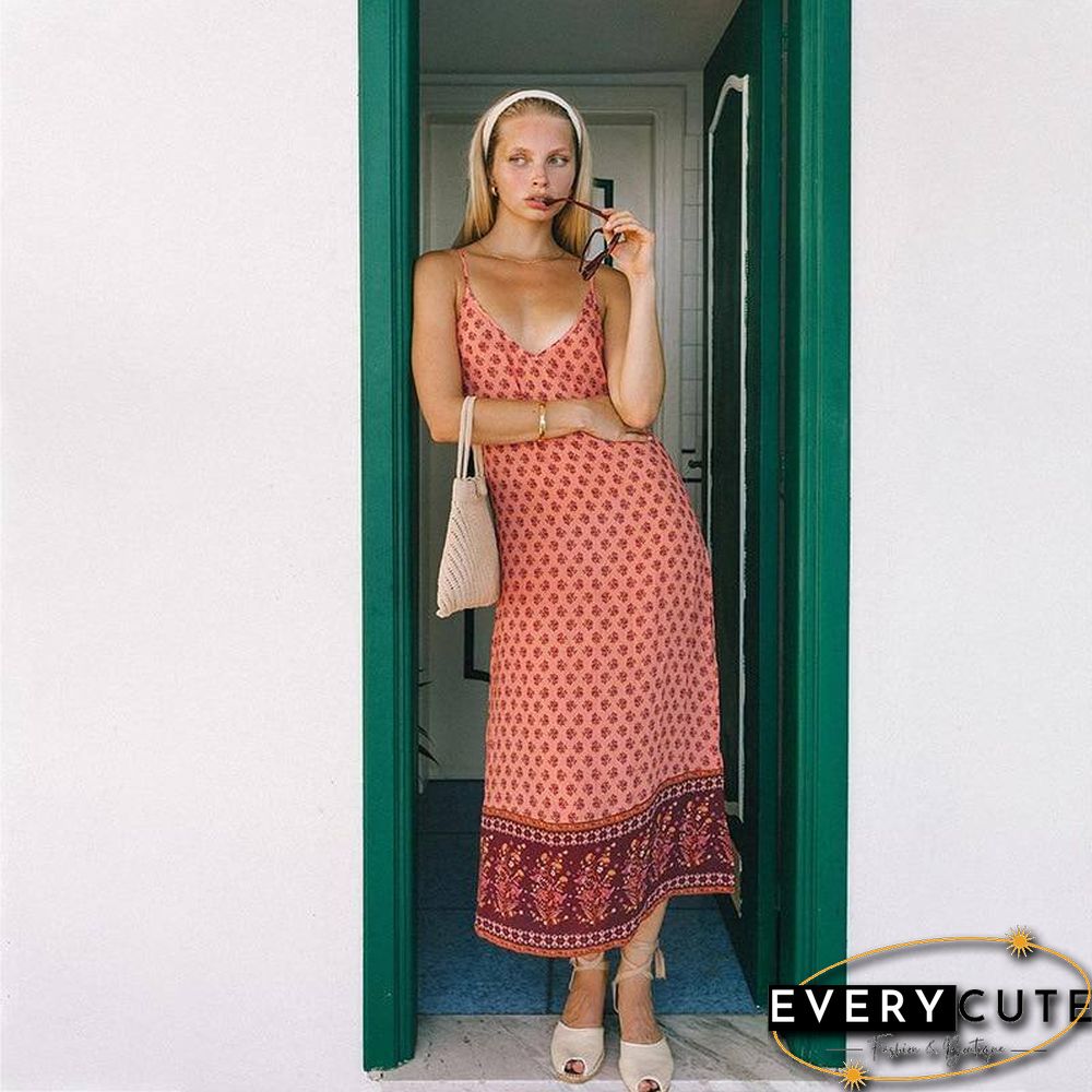 Spring Summer New Ladies Bohemian Print Hem Stitching Split Straight Sling Dress Women V Neck Spaghetti Strap Sexy Dresses