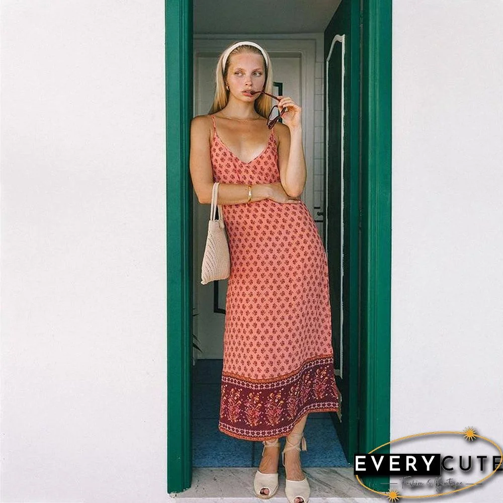 Spring Summer New Ladies Bohemian Print Hem Stitching Split Straight Sling Dress Women V Neck Spaghetti Strap Sexy Dresses