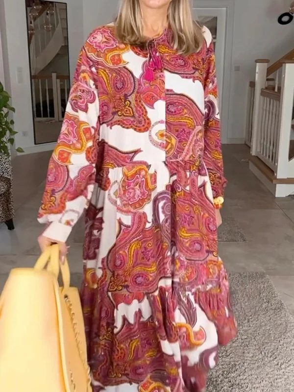 Floral Printed Ruffled Long Sleeves Loose Round-Neck Maxi Dresses