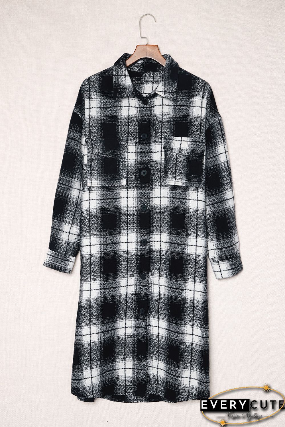 Black Plaid Print Buttoned Pocketed Long Sleeve Long Coat