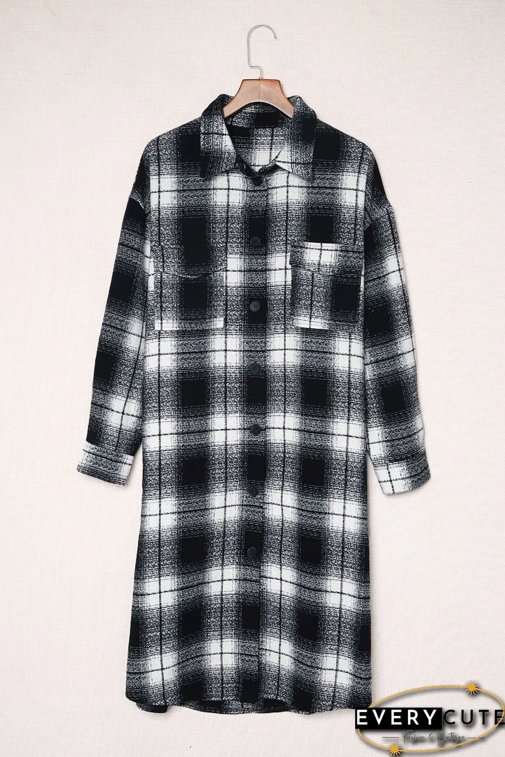 Black Plaid Print Buttoned Pocketed Long Sleeve Long Coat