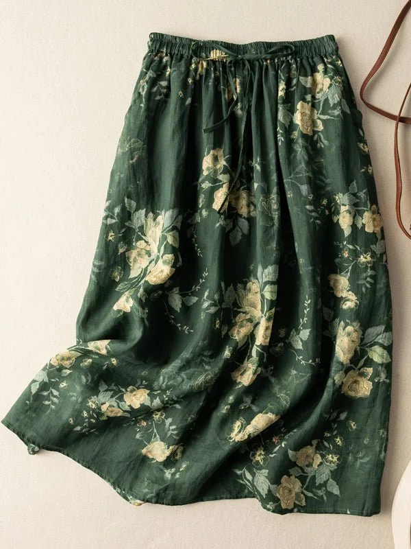 Loose Vintage Floral Ramie A-Line Skirt