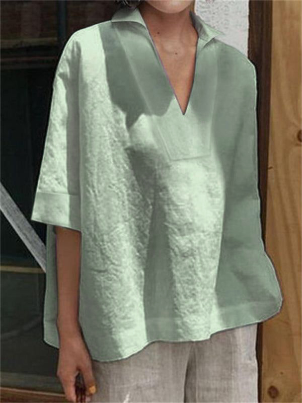 Solid Color Loose Three-Quarter Sleeves Lapel T-Shirts Tops