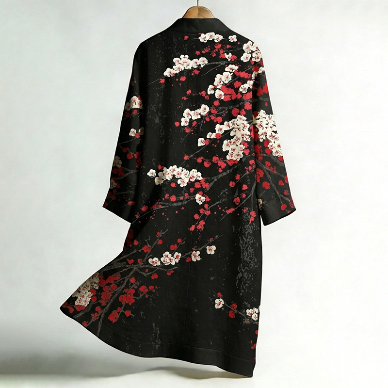 Men's Japanese Floral Print Linen Long Kimono  artssus
