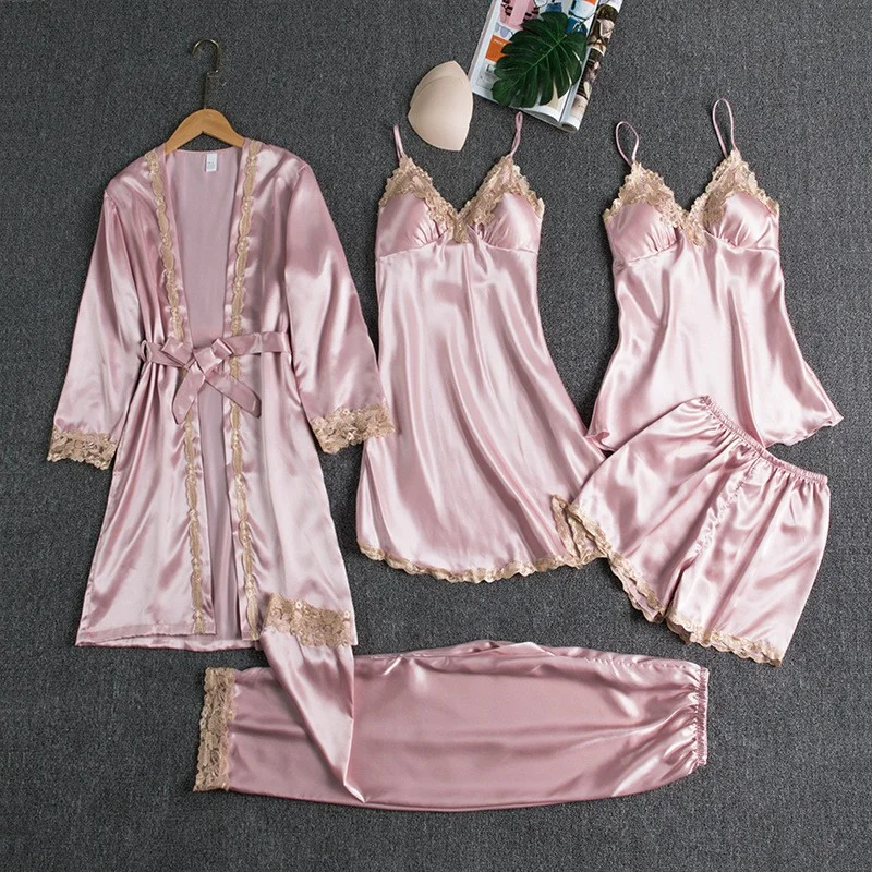 Uveng Uveng Pajamas With Thoracic Silk Sexy Slings Gold Five-Piece Set Of Pajamas Thin Homewear