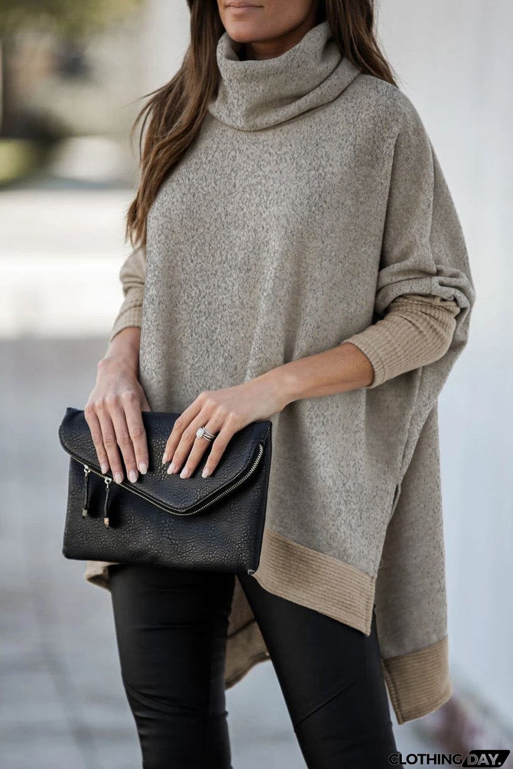 Turtleneck Bat Sleeve Side Slit Tunic Top
