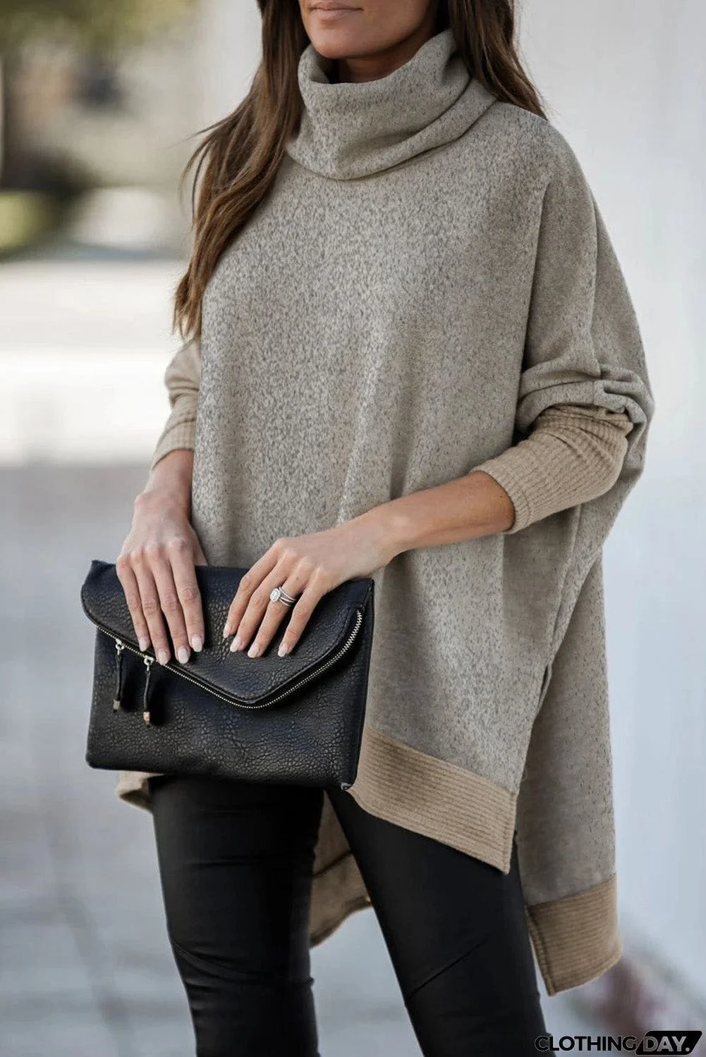Turtleneck Bat Sleeve Side Slit Tunic Top