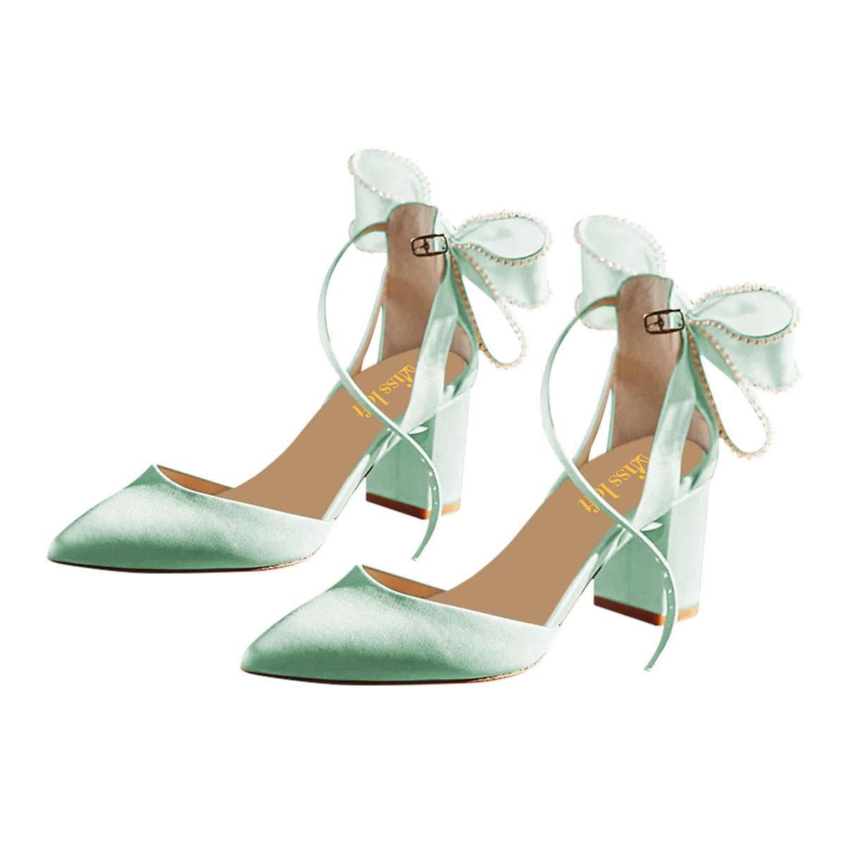 Elegant Green Satin Pearls Bows Pointed Toe Pumps Heels with Buckle Nicepairs