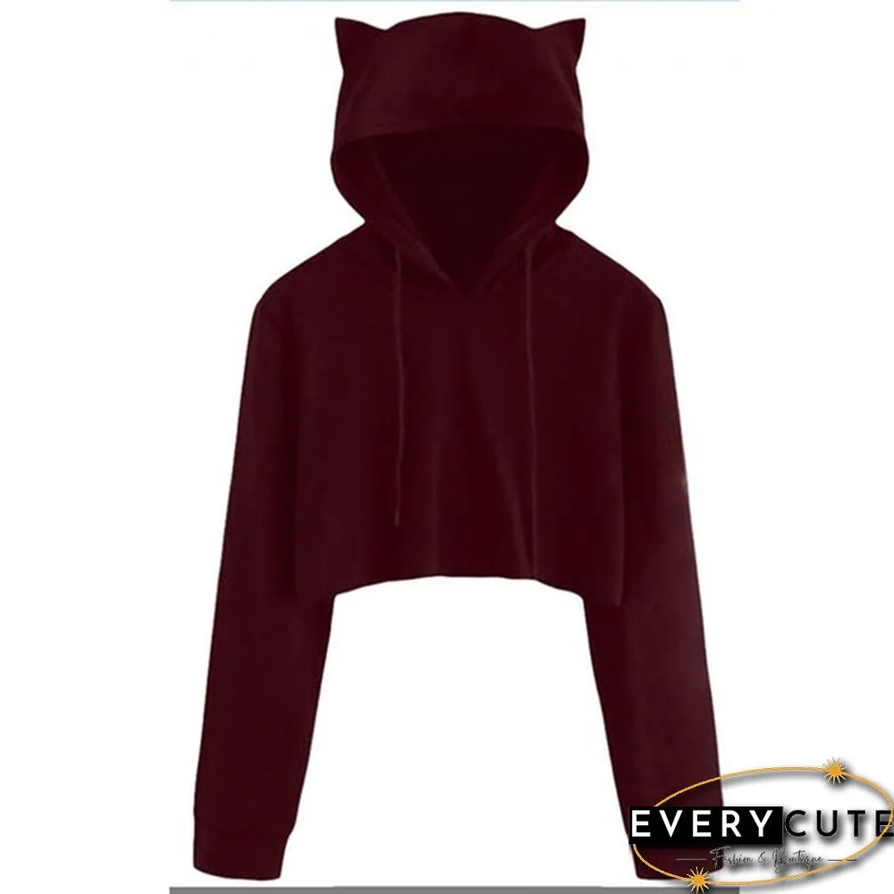 Cute Womens Sweatshirts Hoodie Crop Tops Solid Cat Ear Cropped Sweatshirt Hooded Pullover