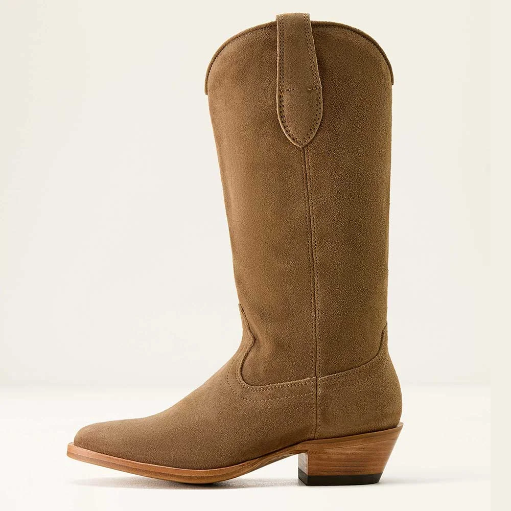 Women's Closed Toe Slip On Low Heel Tan Cowgirl Boots with Mid Calf