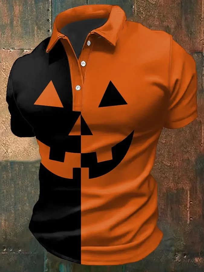Men's Casual Pumpkin Print Polo Shirt 