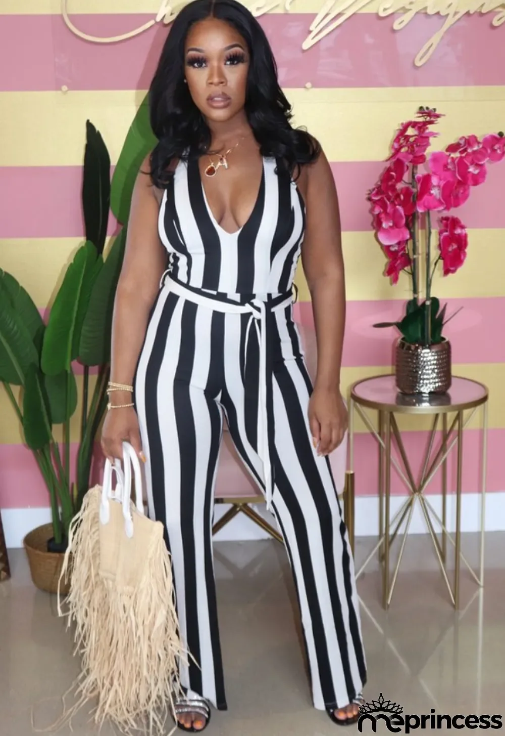 Summer White and Black Stripes Halter Jumpsuit