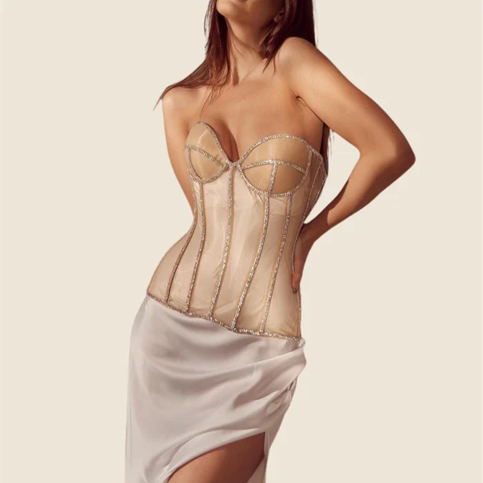 Rhinestone Silk & Mesh Bustier Beige