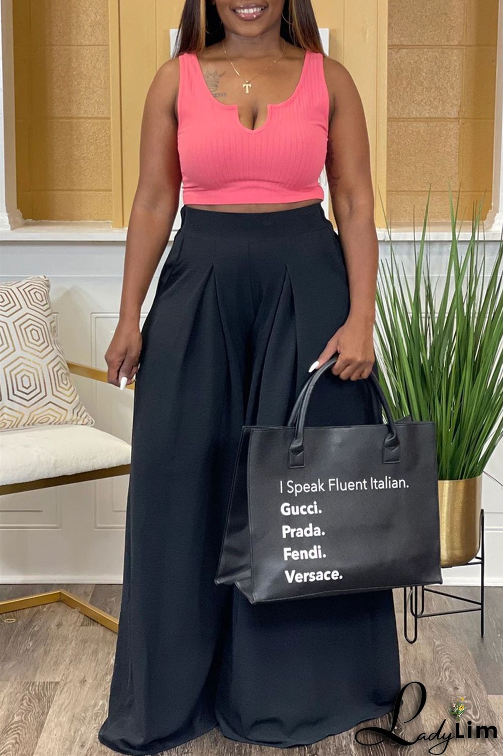 Rose Red Fashion Casual Solid Split Joint Regular High Waist Wide Leg Trousers