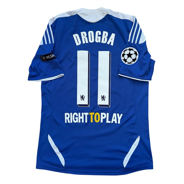 Retro 2011-2012  Chelsea Champions League Final No.11 DROGBA Football Shirt(Champions League armband on right arm Engraved on back: DROGBA+11+RIGHTTOPLAY)