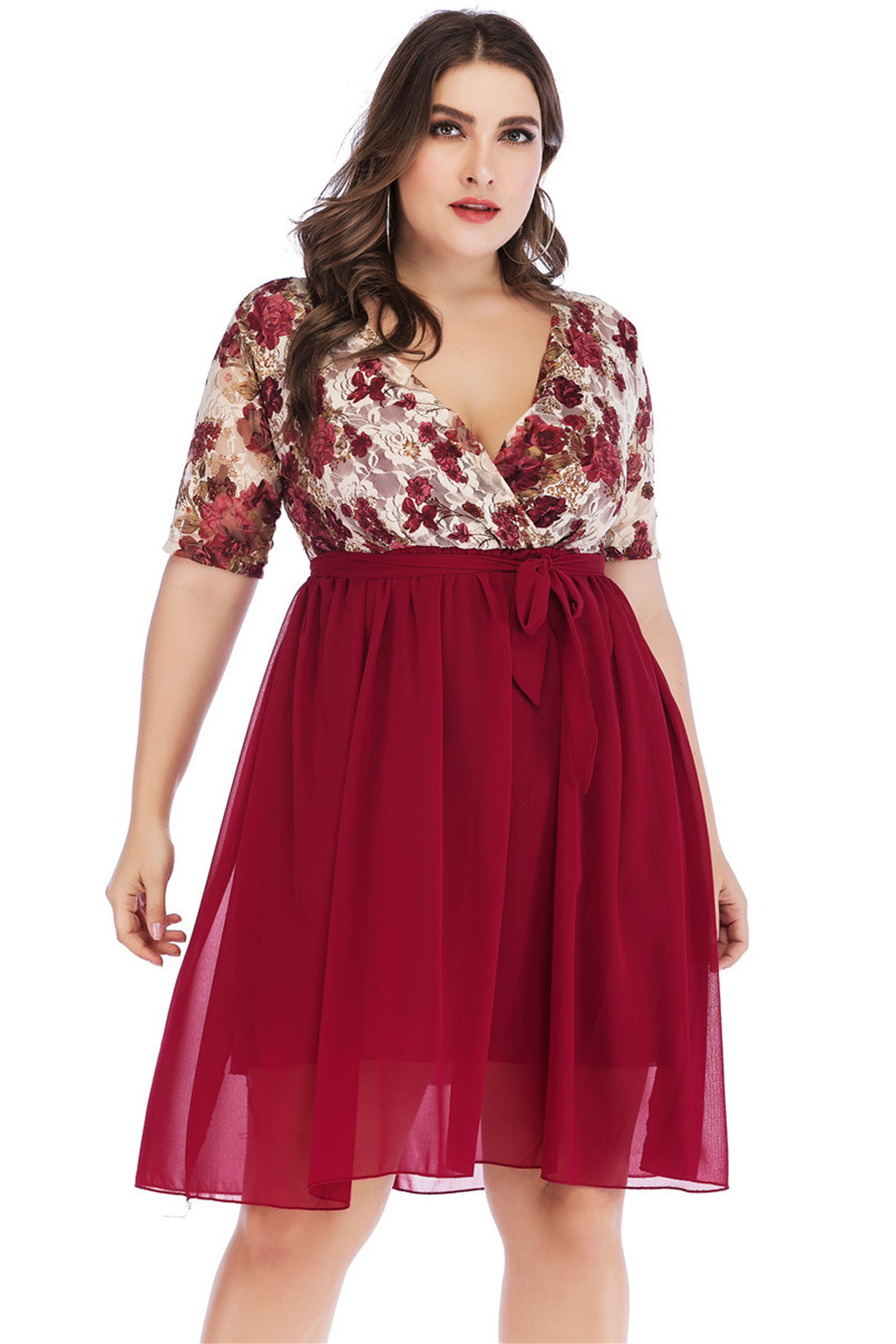 Plus Size Everyday Black Chiffon Floral Print Wrap Lace Up Midi Dress 2024 - Flycurvy 