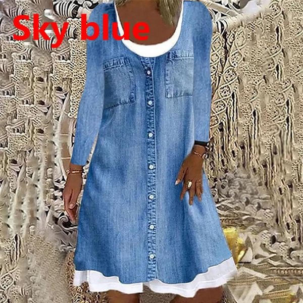 Women's Casual Loose Fashion Digital Printing Fake Two Imitation Denim Blue Shirt Long Sleeve Dress - Life is Beautiful for You - SheChoic