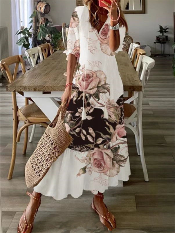Women's Short-sleeve V-neck Floral Print Fashion Casual Dress