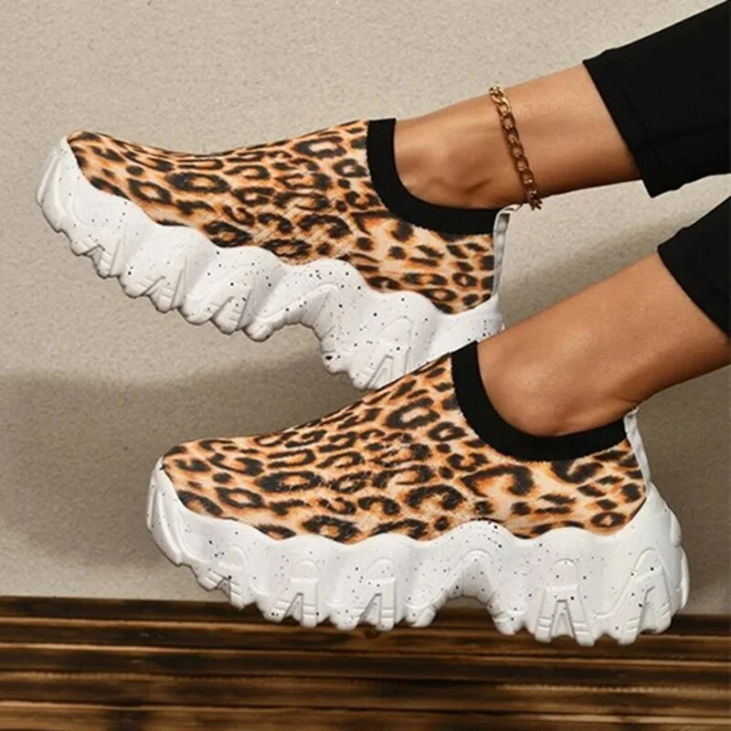 2021 Women Platform Sneakers Slip-on Elastic Band Vulcanized Female Leopard Sport Shoes Ladies Summer Footwear Plus Size