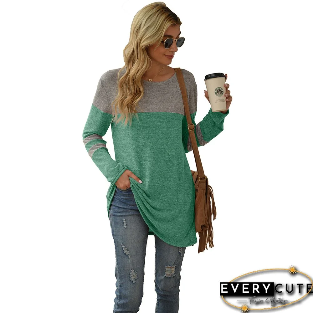 Green Colorblock Round Neck Long Sleeve Tops