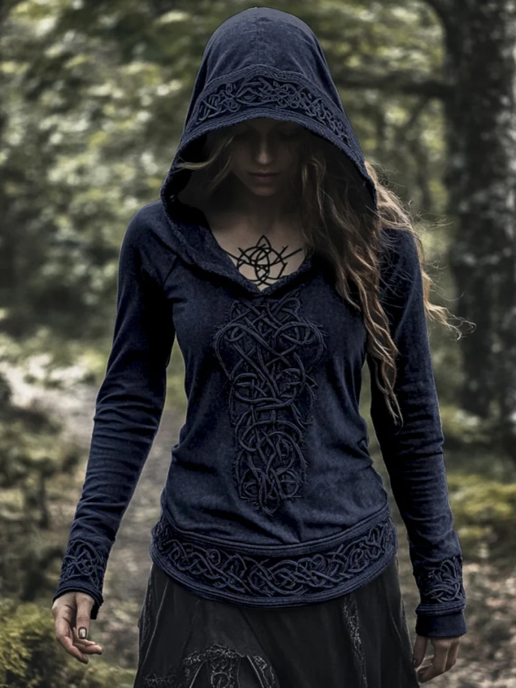 VChics Women's Viking Jacquard Celtic Knot Art Hooded T-shirt