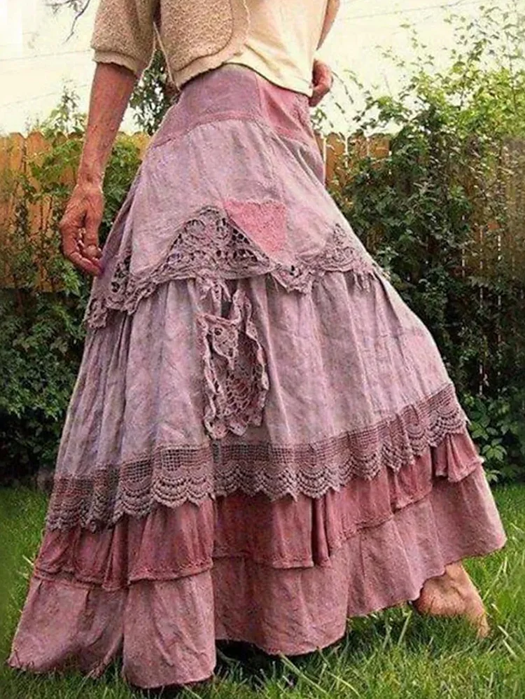 Lace Trim Colorblock High Waist Skirt